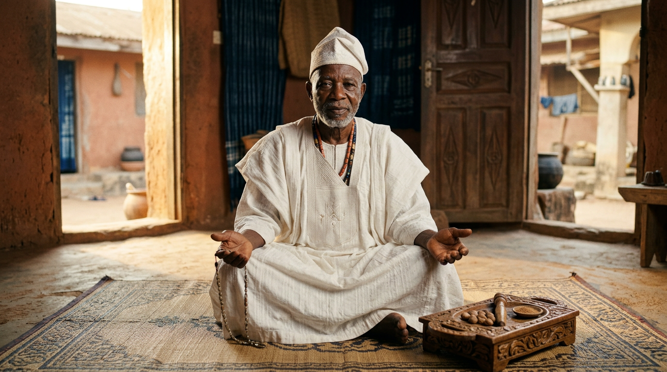 Elder man in white agbada seated with hands resting near a wooden divination tray, beaded necklaces visible.