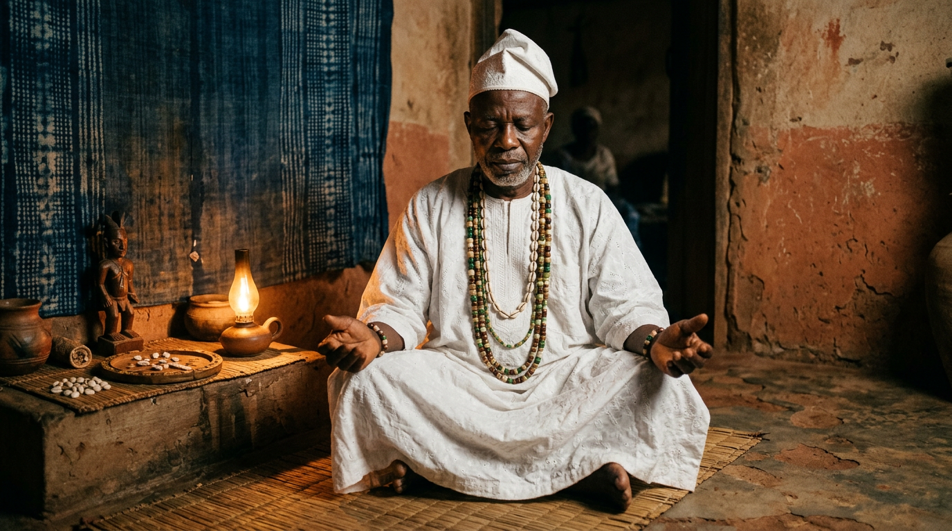 Man in white agbada seated in quiet contemplation beside a lit oil lamp and beaded necklaces.