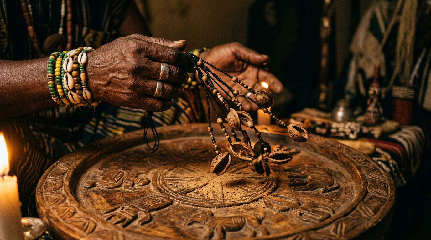 Hands holding an Opele divining chain mid-cast over a carved wooden Ifa tray by candlelight.