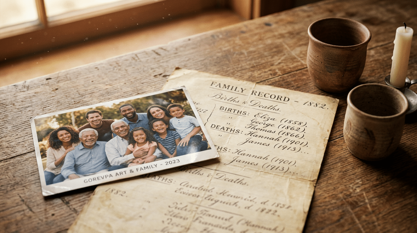 Worn handwritten family document beneath a multigenerational family photograph on a wooden surface beside an earthenware cup.