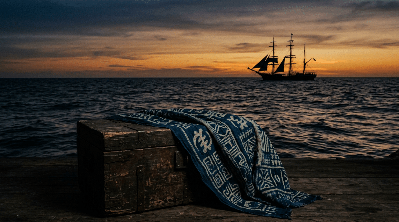 Indigo cloth folded over a wooden chest with a distant ship silhouette on the ocean at dusk.