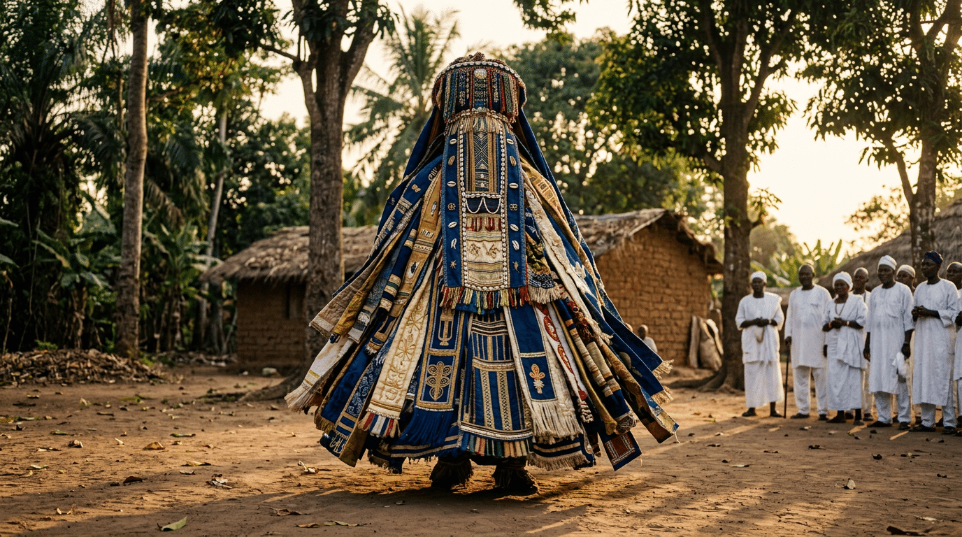 Elaborate Egúngún masquerade costume in layered indigo, gold, and ivory textiles standing in a ceremonial outdoor setting.