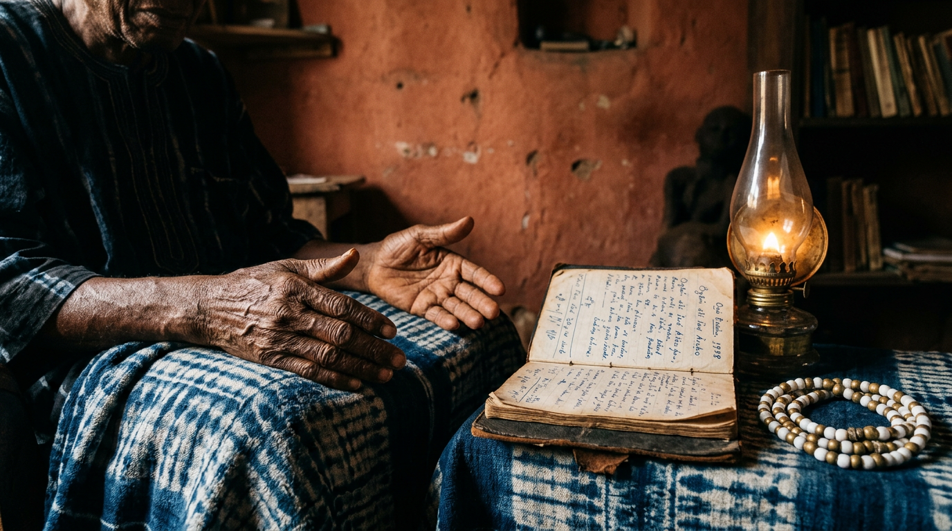 Elder's hands resting near handwritten Yoruba script notebook and beaded necklace by oil lamp light.