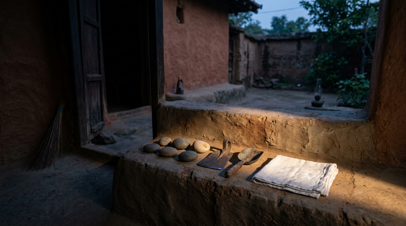 Iron implement and river stones arranged on an earthen shelf near a compound doorway in early morning light.