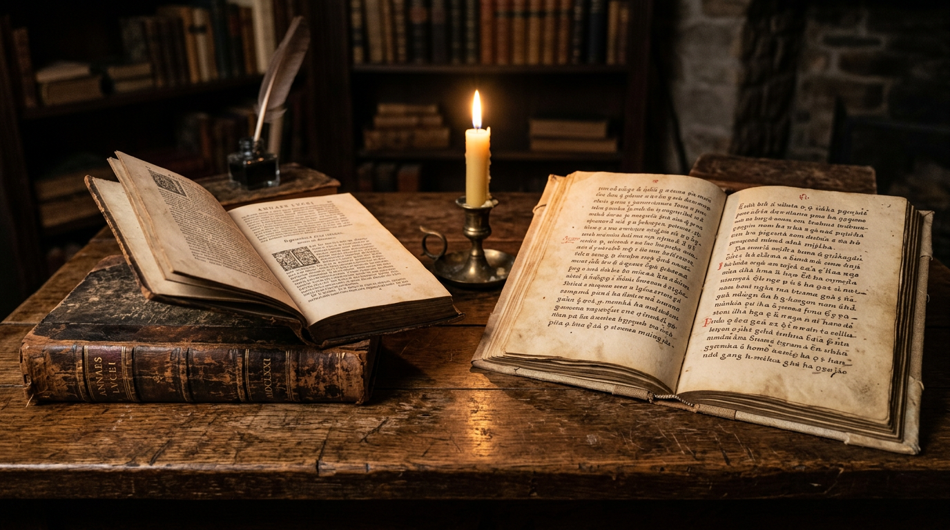 A leather-bound colonial-era book and a Yorùbá manuscript open side by side on a wooden table by candlelight.
