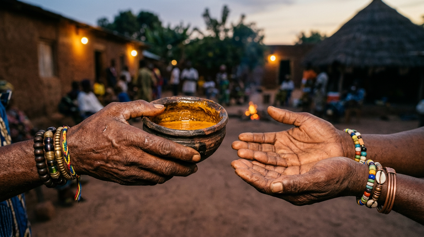 Two hands offering a clay vessel of palm oil in an open courtyard at dusk, beaded bracelets at the wrists.