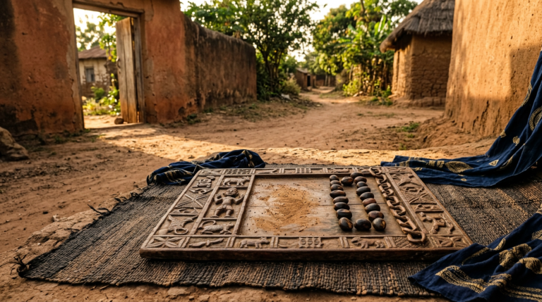 Carved Opon Ifá tray with ikin palm nuts on a woven mat at the junction of two earthen paths.
