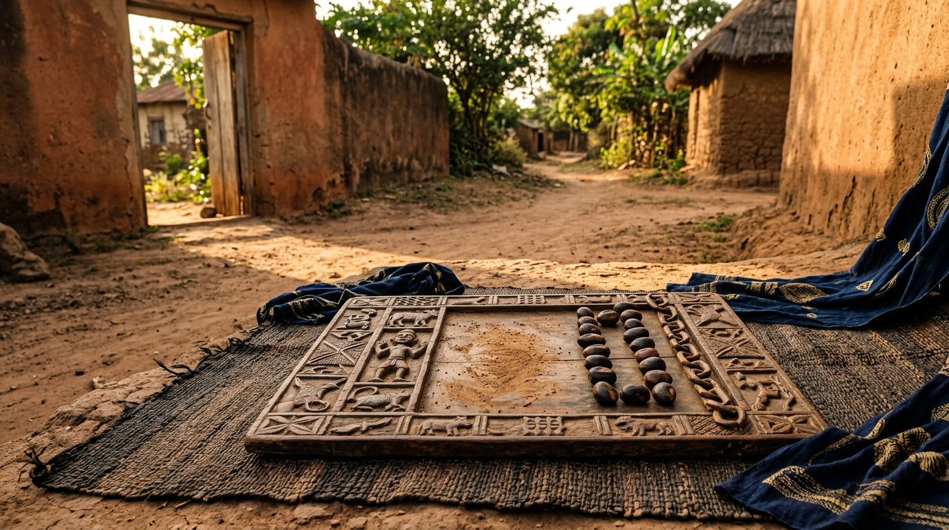 Carved Opon Ifá tray with ikin palm nuts on a woven mat at the junction of two earthen paths.