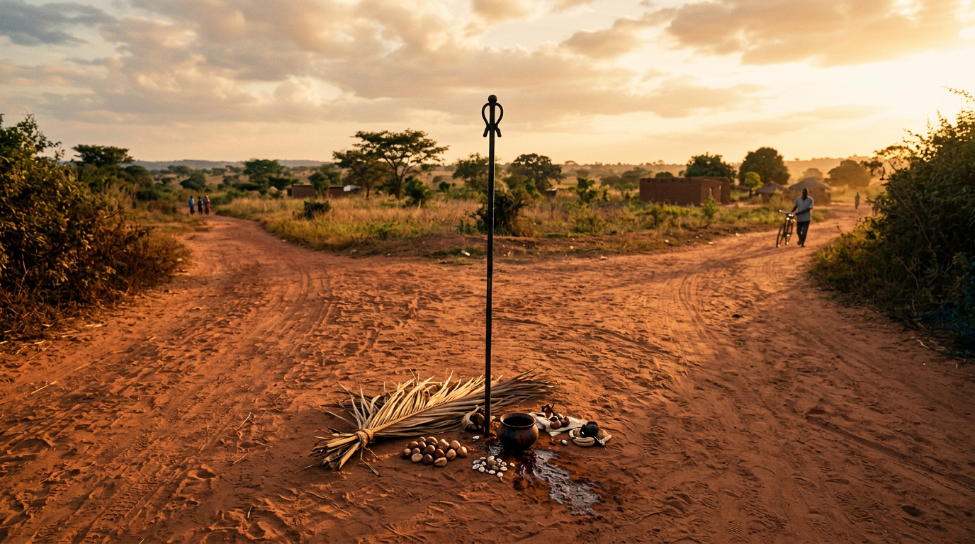 Iron staff planted at a red-clay crossroads junction with kola nut and palm oil offerings at its base.