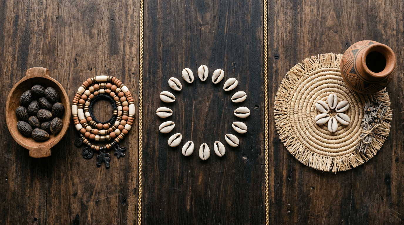 Three divination arrangements — ikin nuts, cowrie shells, and Bahian cowries — separated on a wooden surface.