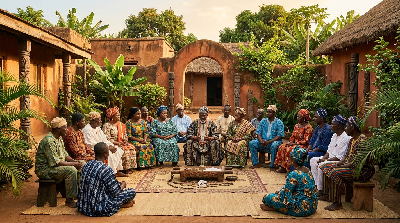 Diverse group seated in a circle around an Opon Ifá tray in a sunlit Yoruba courtyard.