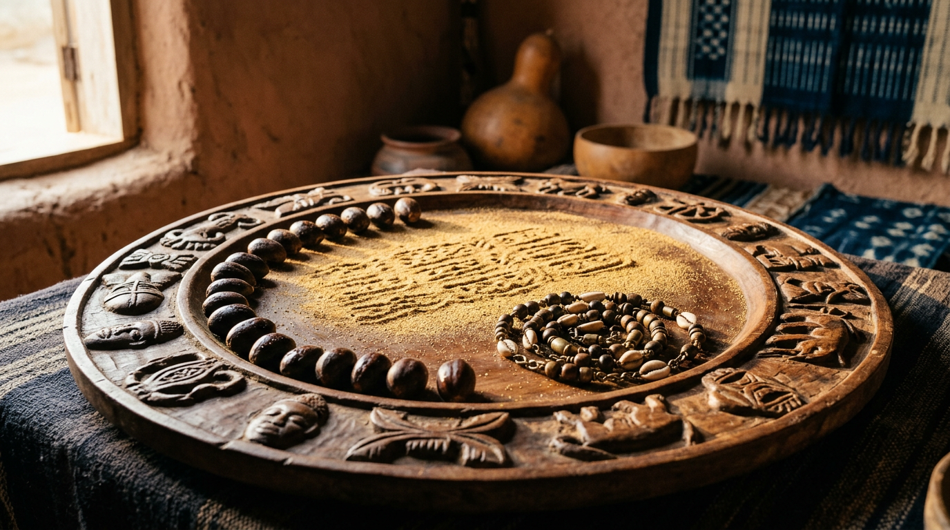 Carved wooden Opon Ifá tray with iyerosun powder, ikin palm nuts, and a divination chain on a wooden surface.