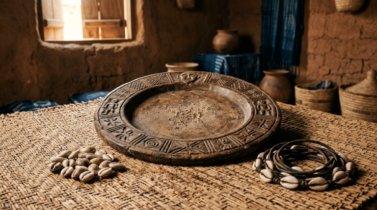 Opon Ifá tray, cowrie shells, and divining chain arranged on a woven mat.