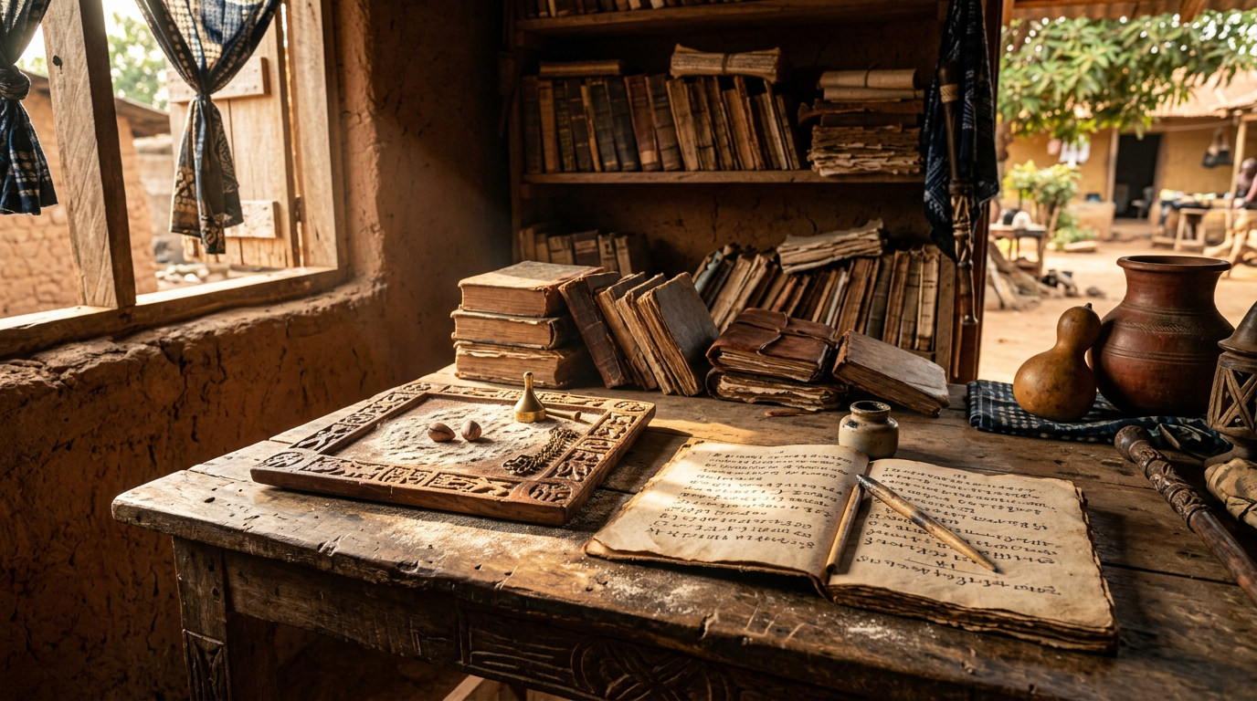 Open manuscript with Ifá verses beside a small wooden divination tray in warm afternoon light.