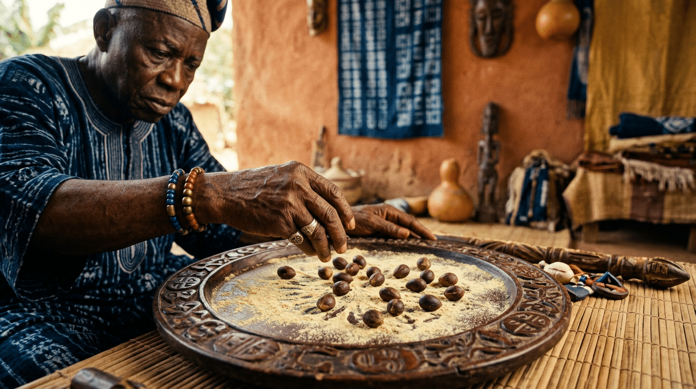 Hands casting ikin palm nuts on an Opon Ifá tray dusted with iyerosun powder.
