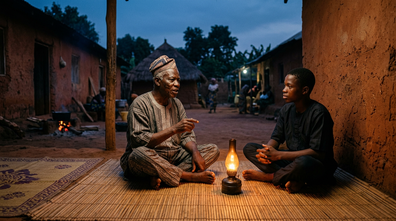 Elder and student seated together at dusk in a Yoruba compound, oil lamp between them in warm amber light.