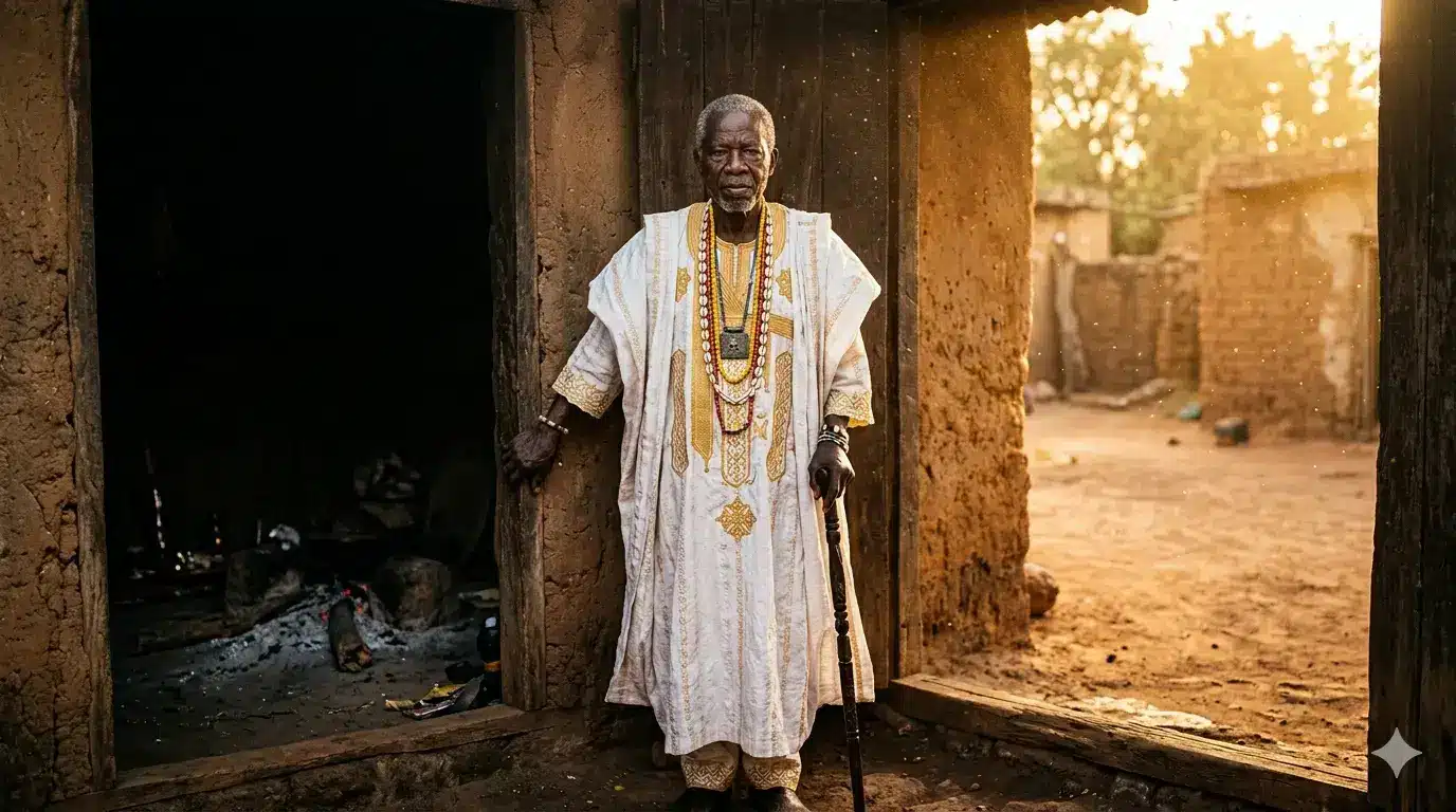 An ancient West African elder standing at the threshold of an open doorway
