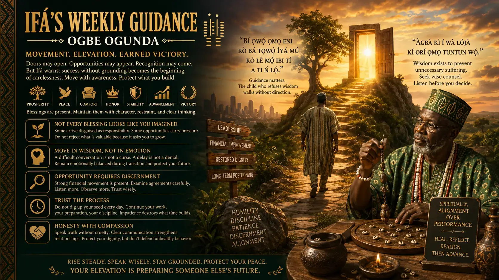 Ogbe Ogunda guidance week of May 18 2026 — lone figure at the threshold of golden forest light, iron offerings at tree roots, Ifá Weekly Guidance