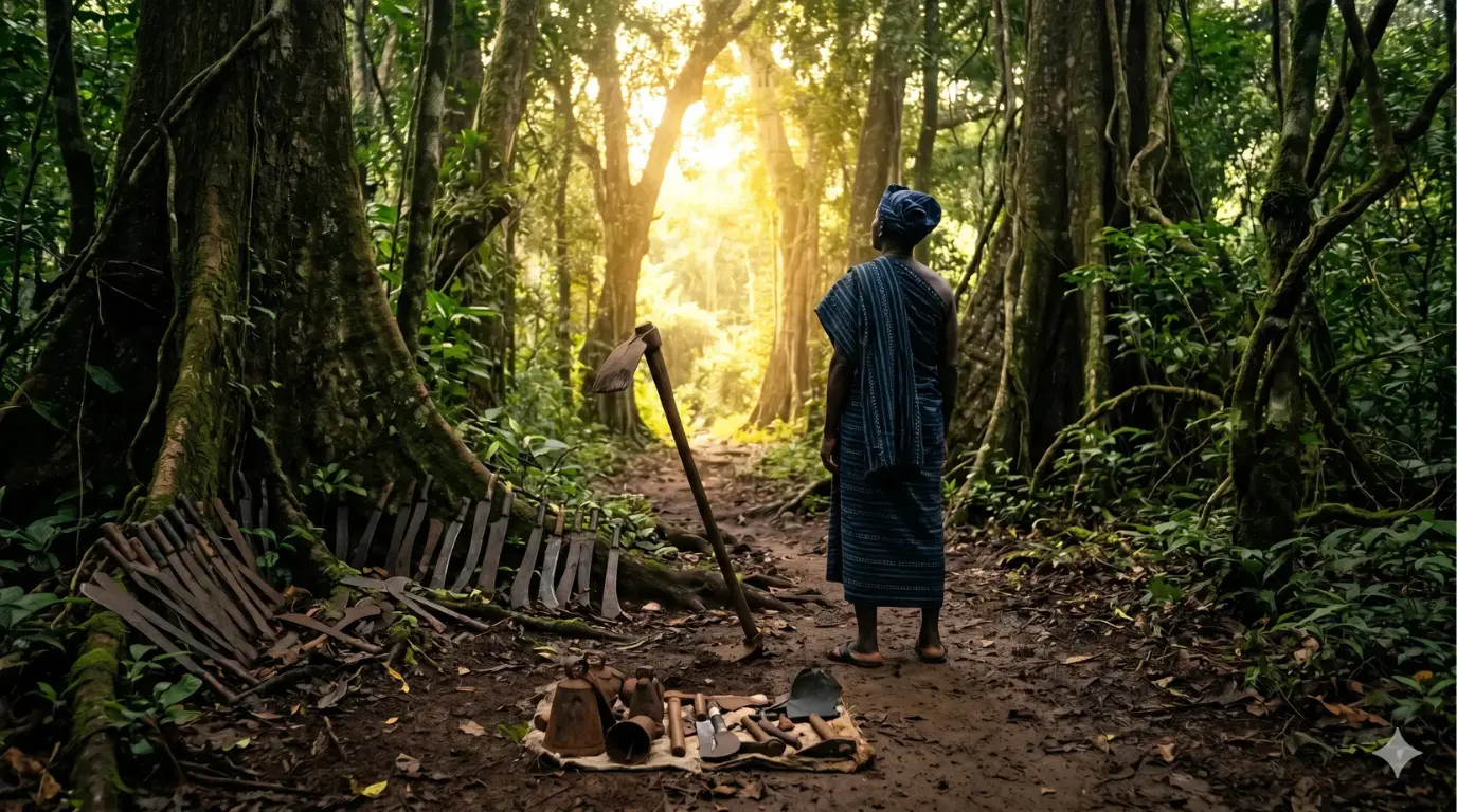 Ogunda Irete guidance May 24 2026 — lone figure at forest path edge, iron offerings at ancient tree roots, golden light ahead — Ifá Weekly Guidance