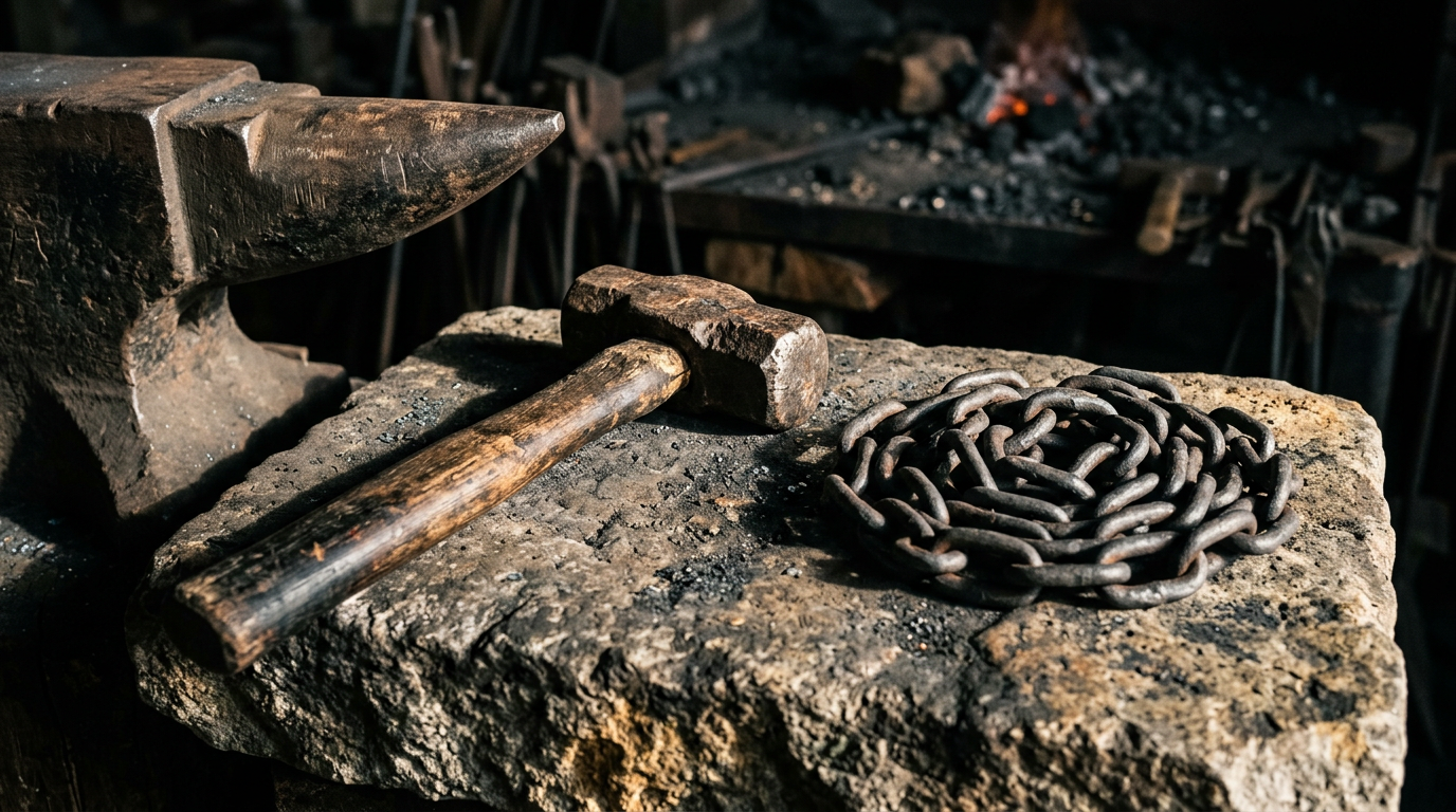 Worn iron hammer, anvil, and chain arranged on rough stone in dramatic workshop light.
