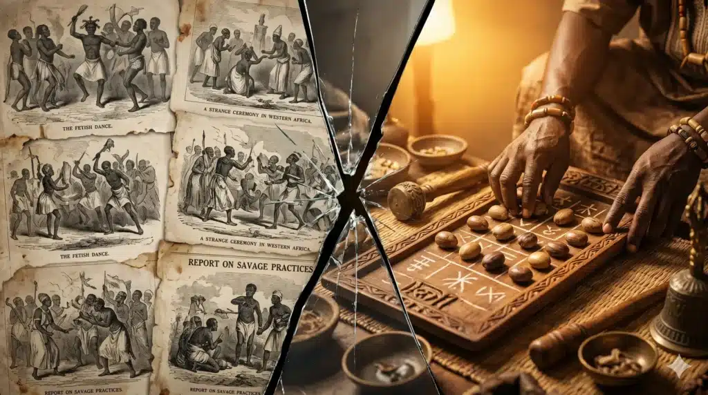A split composition image. On the left, faded 19th-century colonial-era engravings and newspaper clippings with distorted images of African ritual.