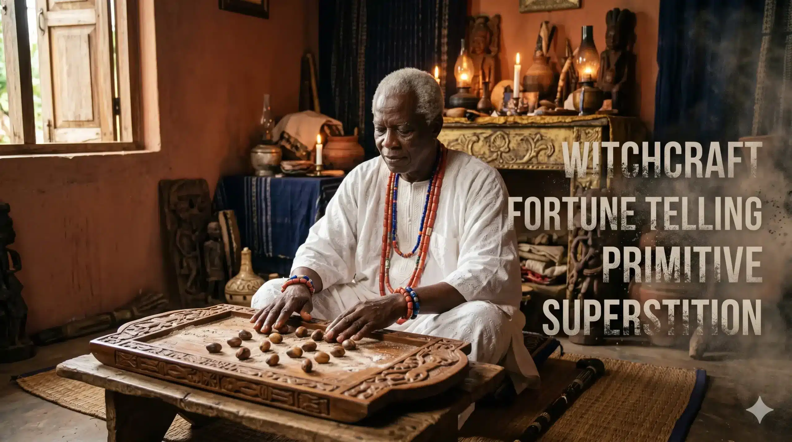 A dignified elder Babalawo in traditional white agbada and red beaded necklaces sits before a carved Opon Ifá divination tray on a low wooden table.