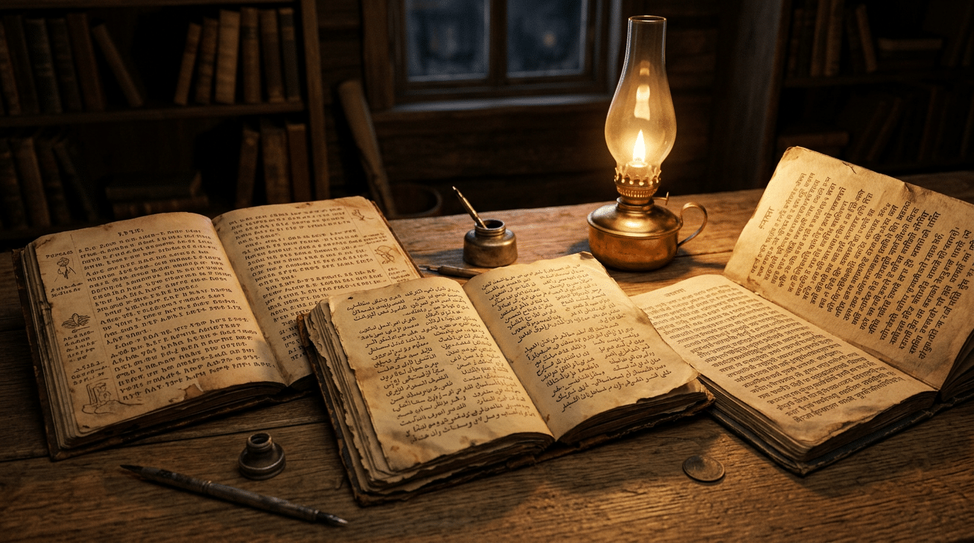Three open notebooks with dense handwritten script illuminated by a single oil lamp.