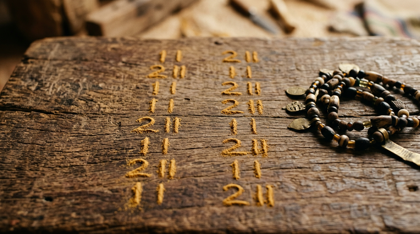 Binary Ifá marks drawn in iyerosun powder on a wooden divination tray surface with a coiled divining chain.