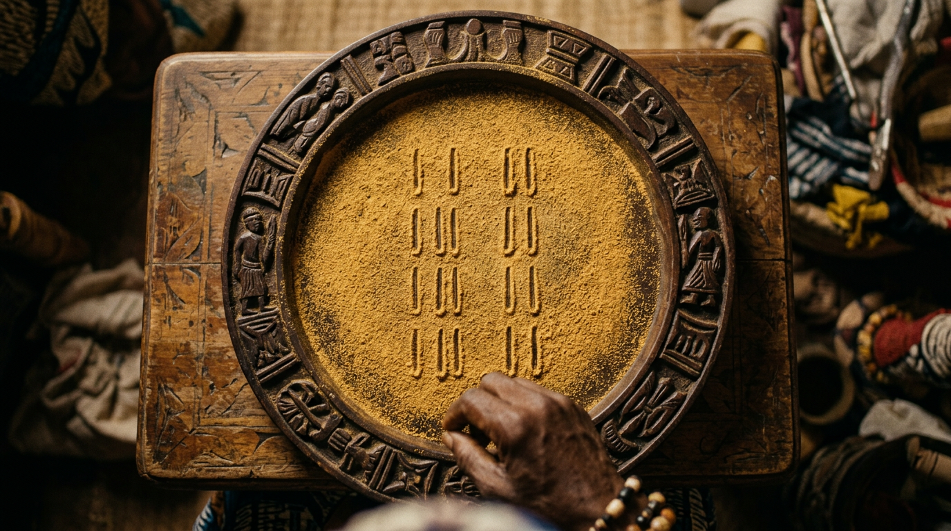 Bird's-eye view of Opon Ifá tray with eight binary marks drawn in golden iyerosun powder.