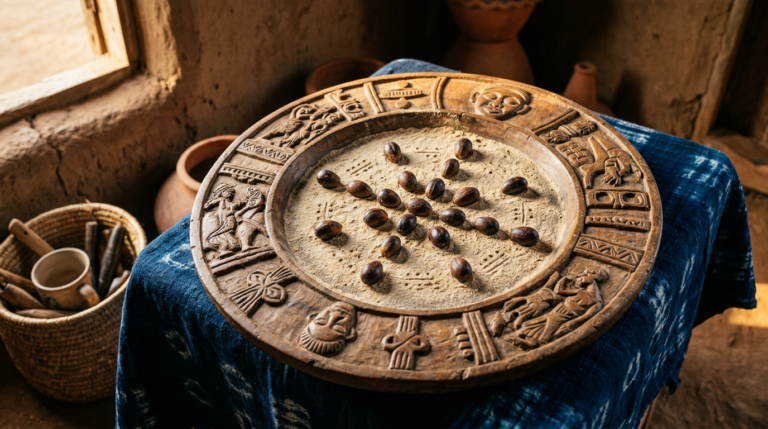 Carved Opon Ifá tray with sixteen ikin palm nuts and iyerosun powder marks in warm light.