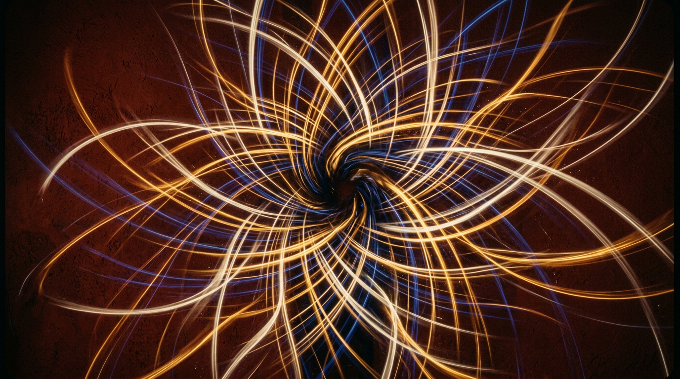 Abstract radiating arcs of gold and indigo light on a deep terracotta background.