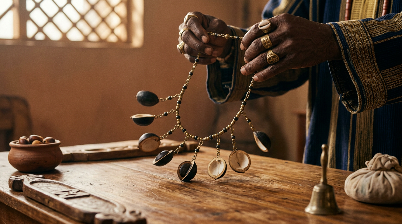 Opele divining chain mid-cast above a wooden surface, eight seed-pod discs spread in an arc.