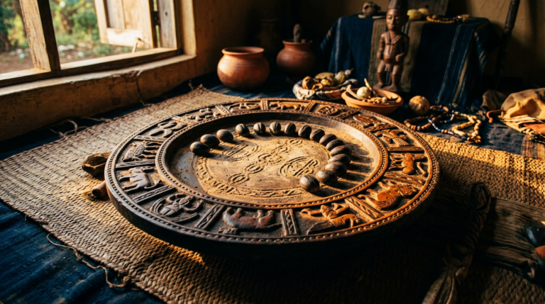 Carved Opon Ifá tray with ikin palm nuts arranged on a woven mat in warm afternoon light.