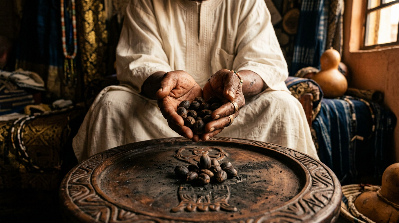 Close-up of hands in white agbada holding sixteen ikin palm nuts above an Opon Ifá divination tray.