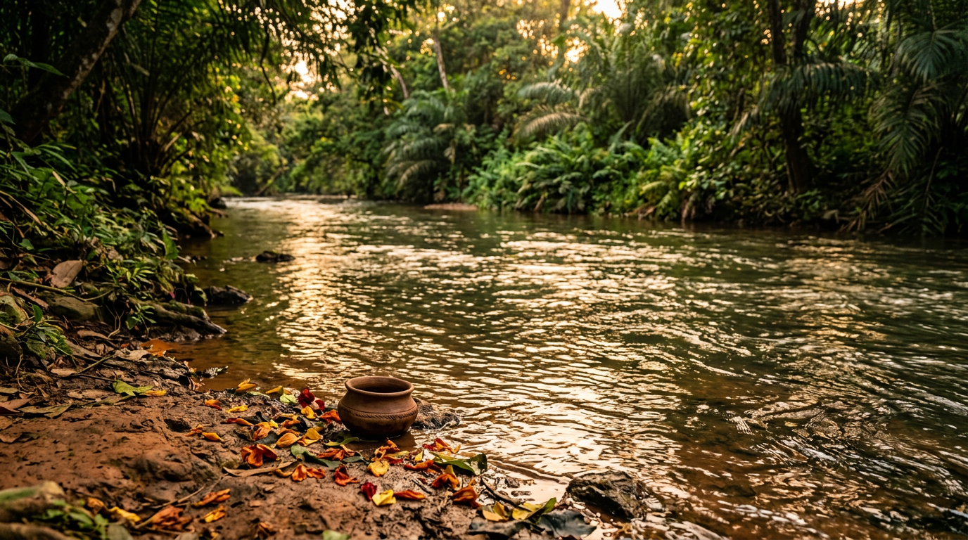 Sunlit river bank with a small clay vessel and scattered petals at the water's edge.