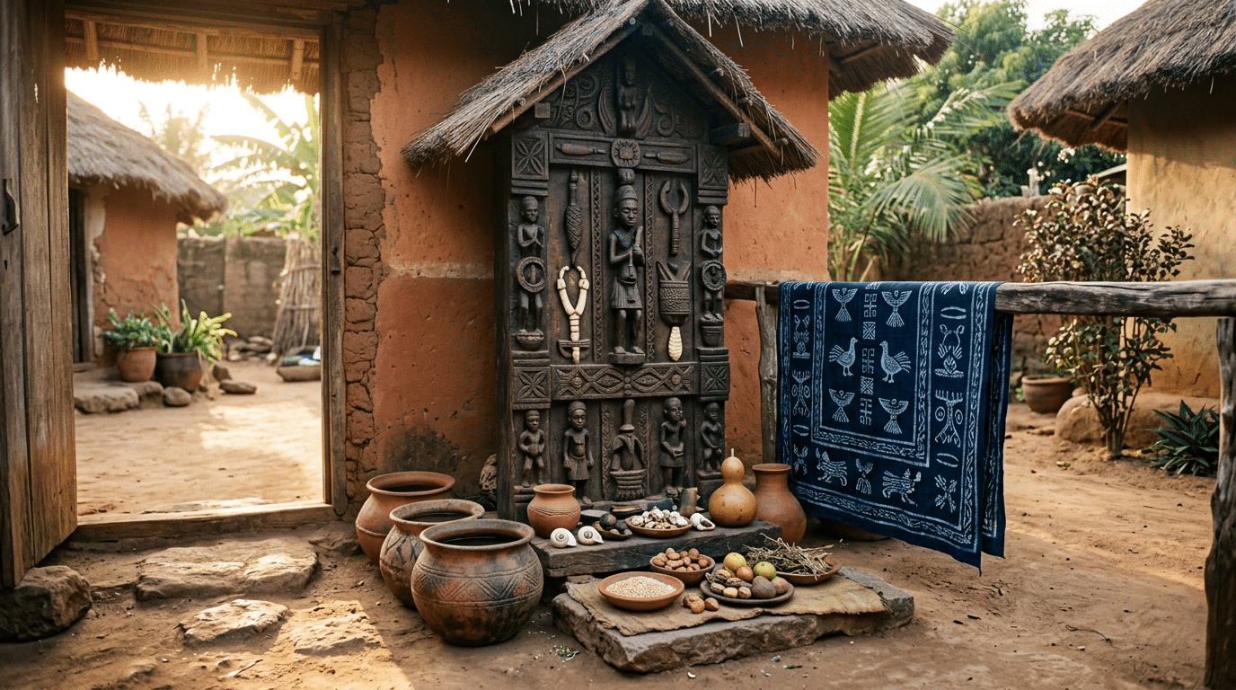 Wooden ancestral shrine with terracotta offerings and indigo cloth in a sunlit Yorùbá compound courtyard.