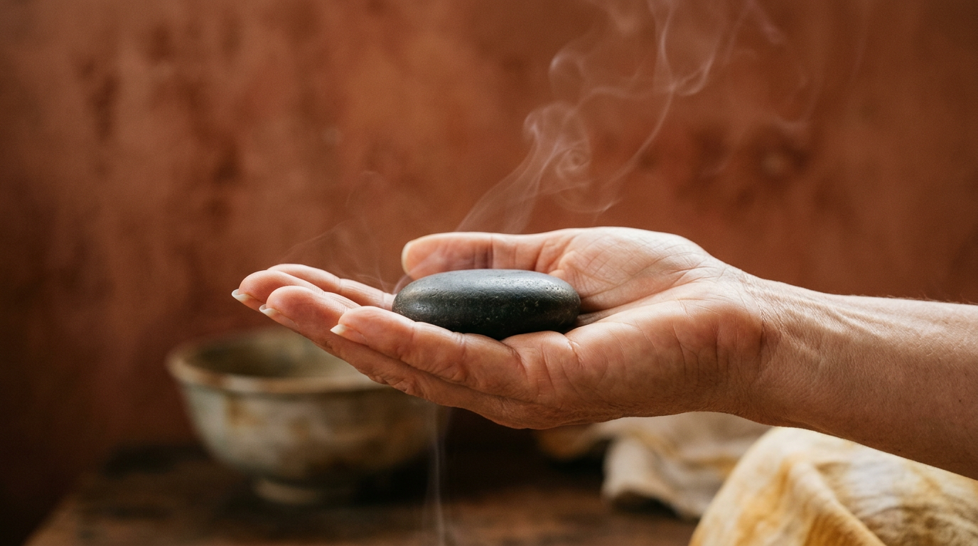 Open hand holding a smooth stone with faint vapor rising in warm golden light.