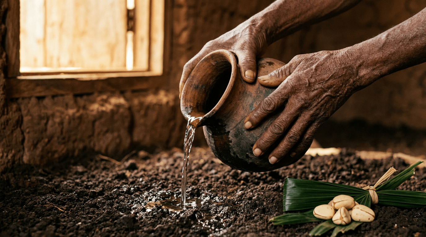 Elder hands pouring water from a terracotta vessel onto dark earth in a libation offering, kola nut and palm frond nearby.