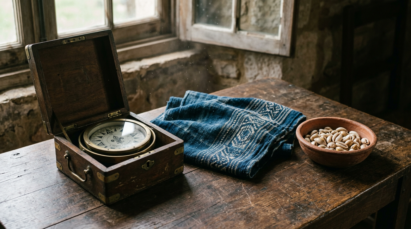 Weathered compass beside folded indigo cloth and cowrie shells in soft window light.