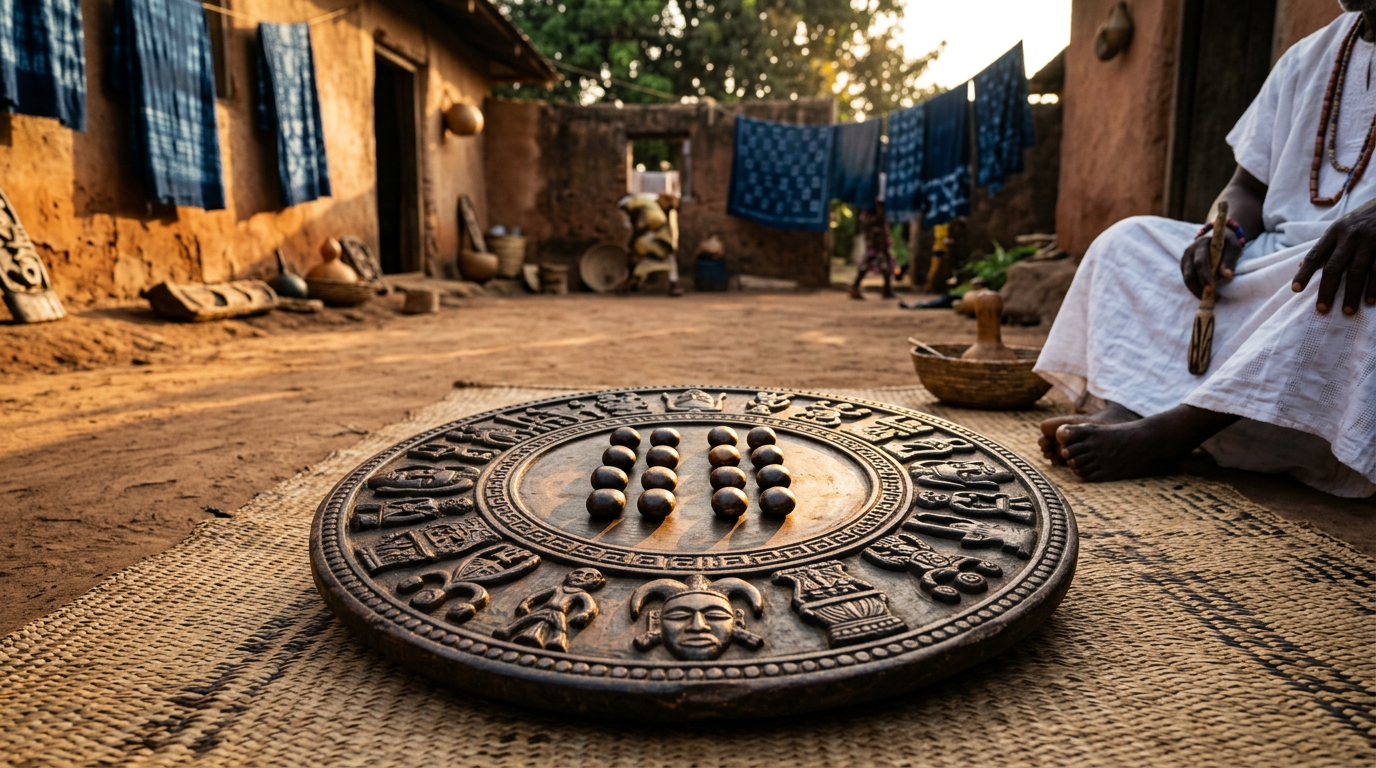 Carved Opon Ifá tray with ikin palm nuts on a woven mat in a sunlit compound.