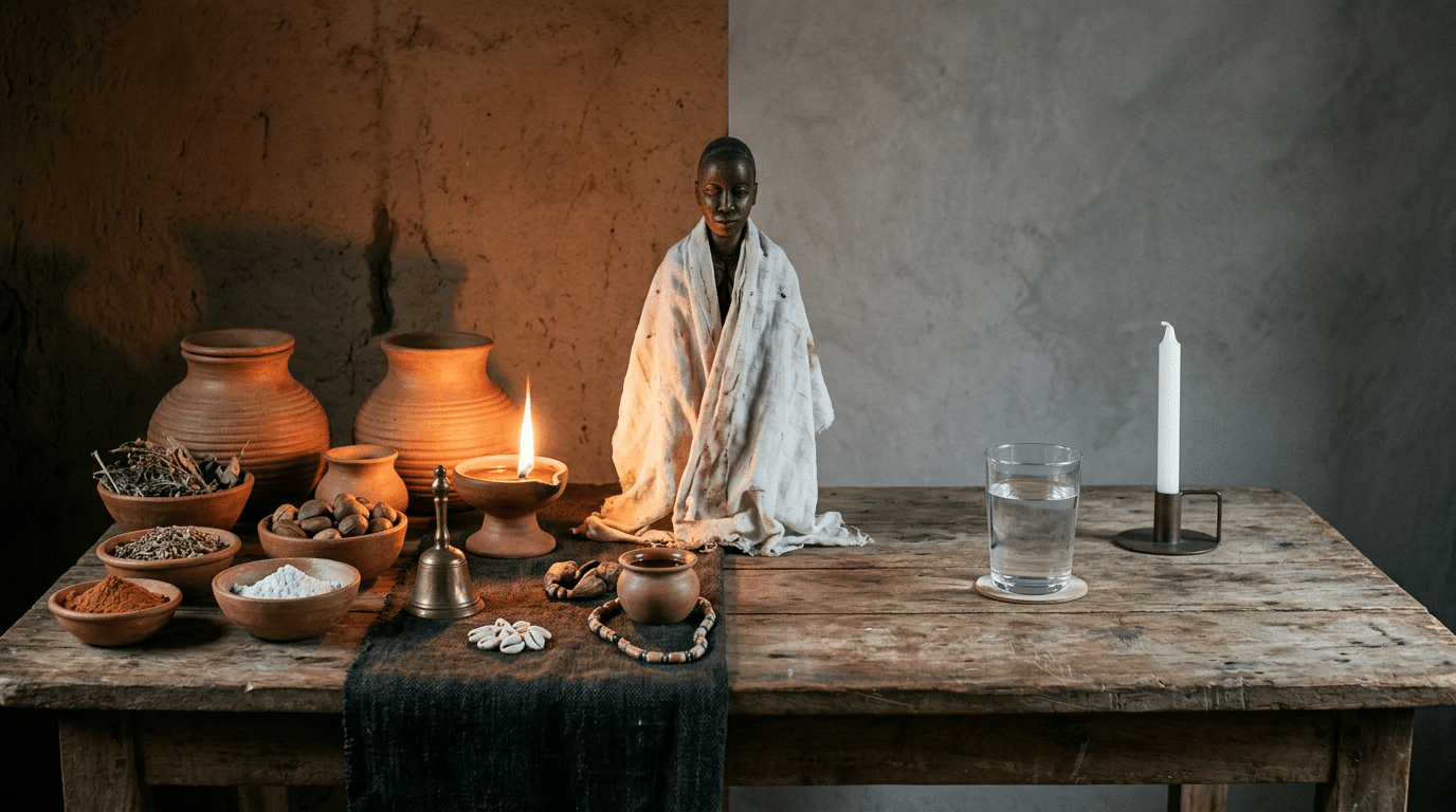 Traditional Yorùbá ancestral shrine with earthenware vessels beside a plain modern surface with a glass of water and unlit candle.