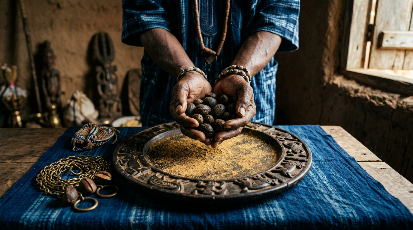 Weathered hands holding ikin palm nuts above an Opon Ifá tray dusted with iyerosun powder.