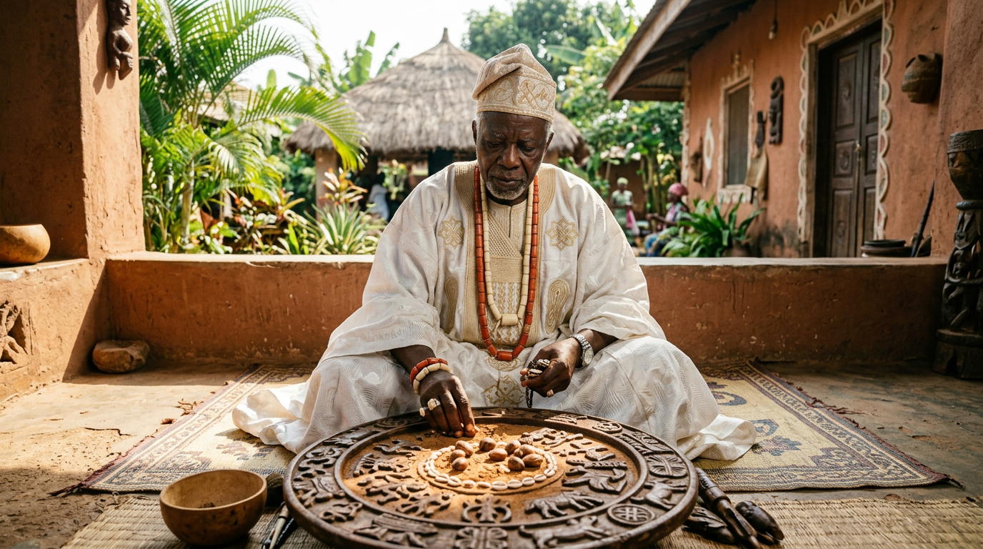 Elder in white agbada seated before a carved Opon Ifá tray in a sunlit Yoruba compound.