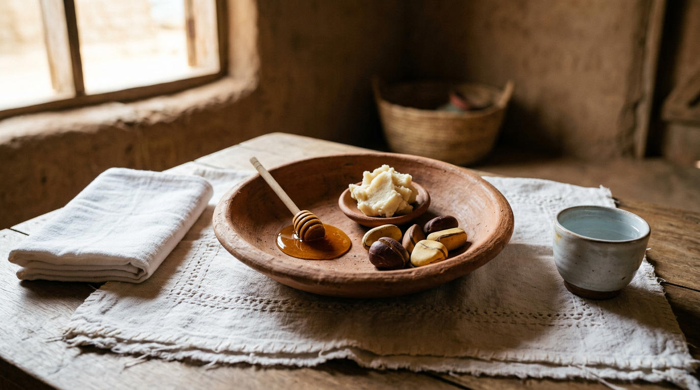 Clay bowl with honey, shea butter, and kola nut on white cloth beside a ceramic cup of water.