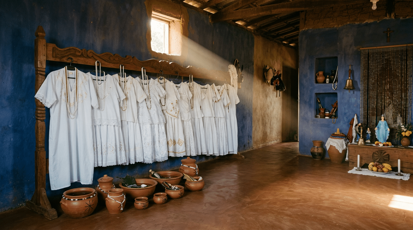 White ceremonial garments on a rack beside terracotta clay pots in a sunlit terreiro interior with indigo walls.