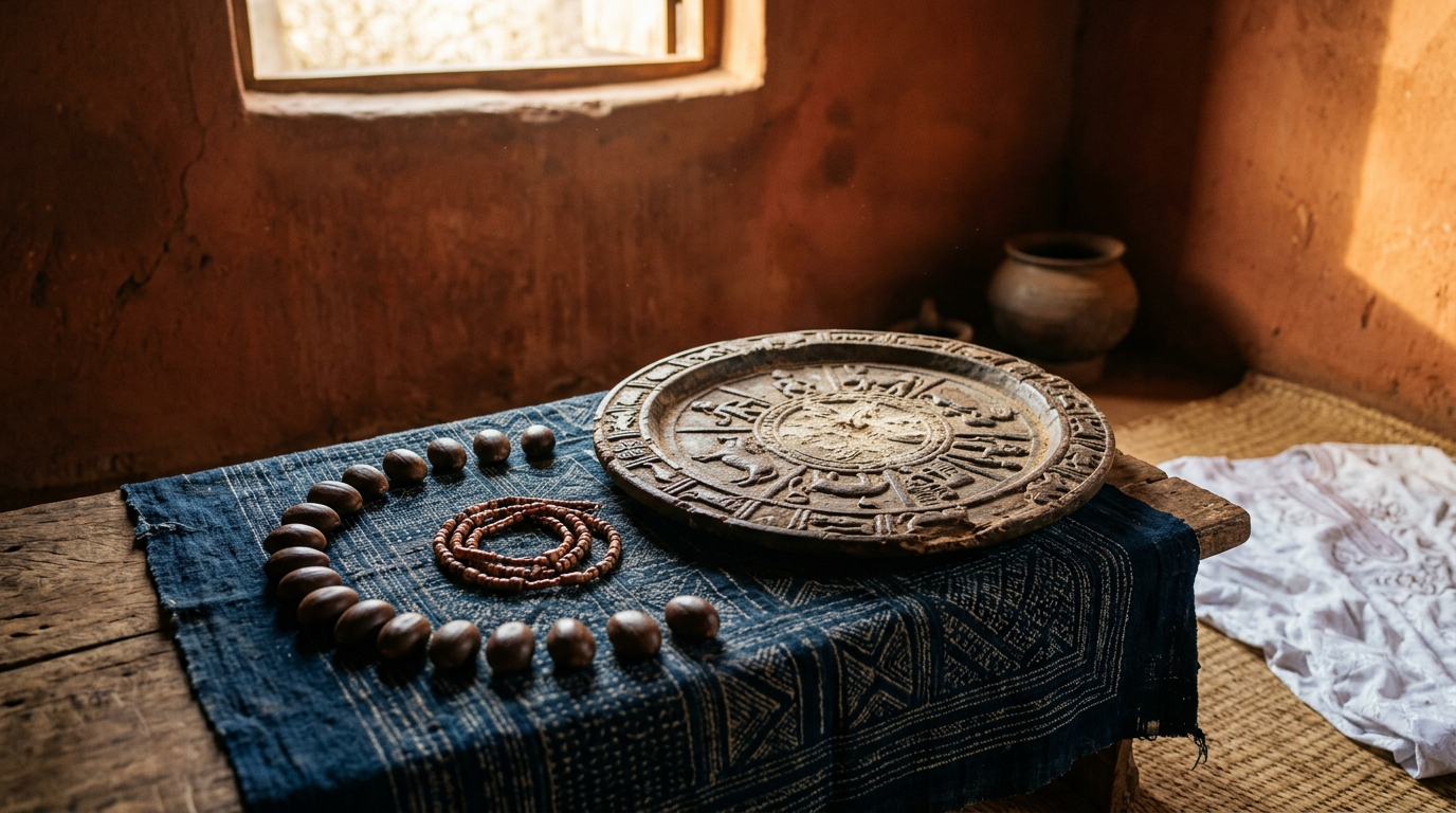 Opon Ifá tray with ikin palm nuts and opele chain on indigo cloth in warm side-light.