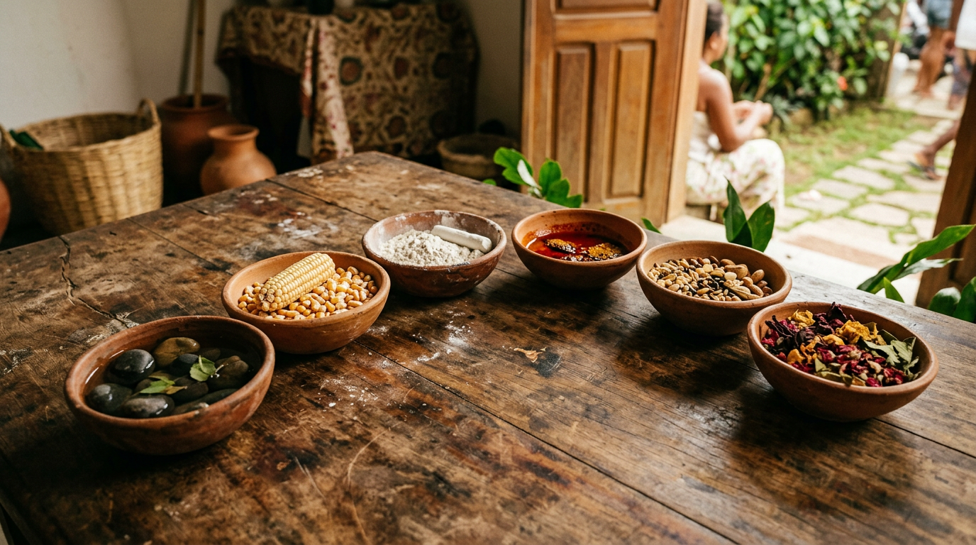 Six ceramic bowls with varied ritual offerings arranged on tropical hardwood in warm afternoon light.