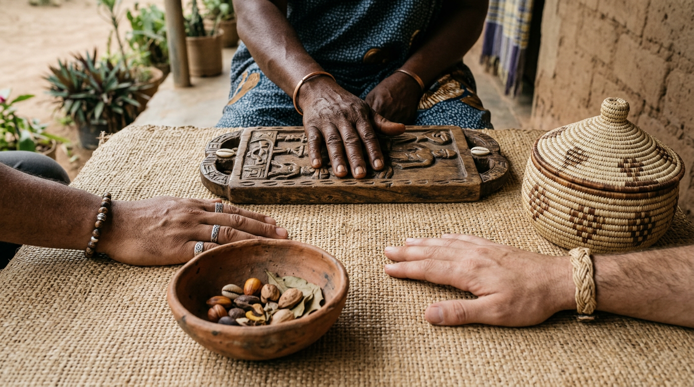 Three pairs of hands resting on ritual objects from distinct African Atlantic traditions on woven cloth.