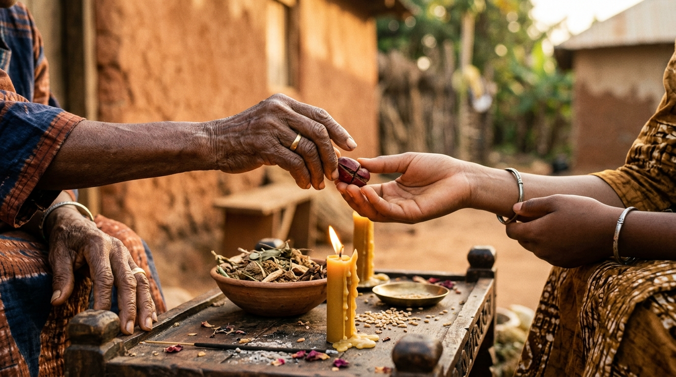 Two hands exchanging a kola nut over a wooden altar with dried herbs and a beeswax taper.