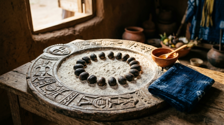Ikin palm nuts arranged on an Opon Ifá tray with iyerosun powder, a bowl of honey, and folded indigo cloth.